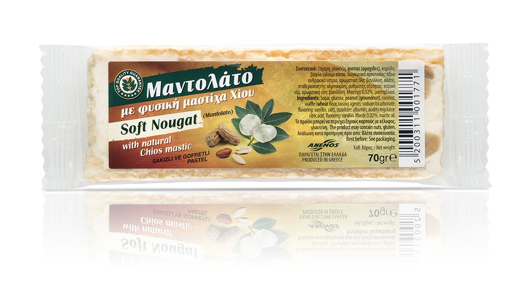 Soft nougat "Mantolato" with mastic and peanuts 70g Soft nougat "Mantolato" with mastic and peanuts 70g